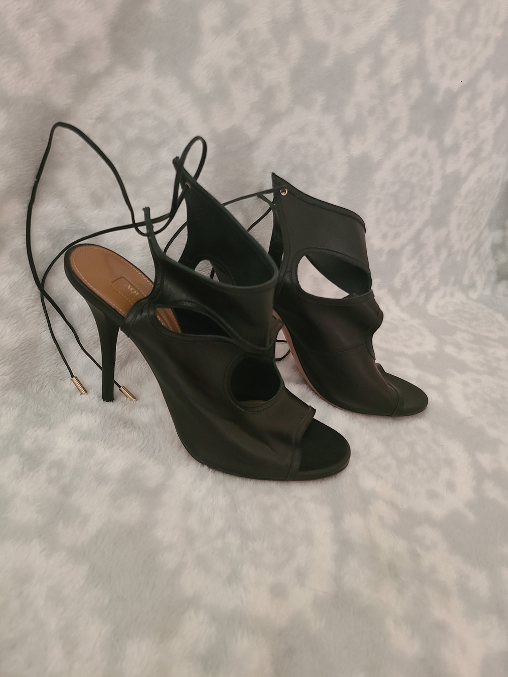 Aquazzura Black Leather Cutout Lace-Up Stiletto Booties Size 8 - Picture 4 of 9